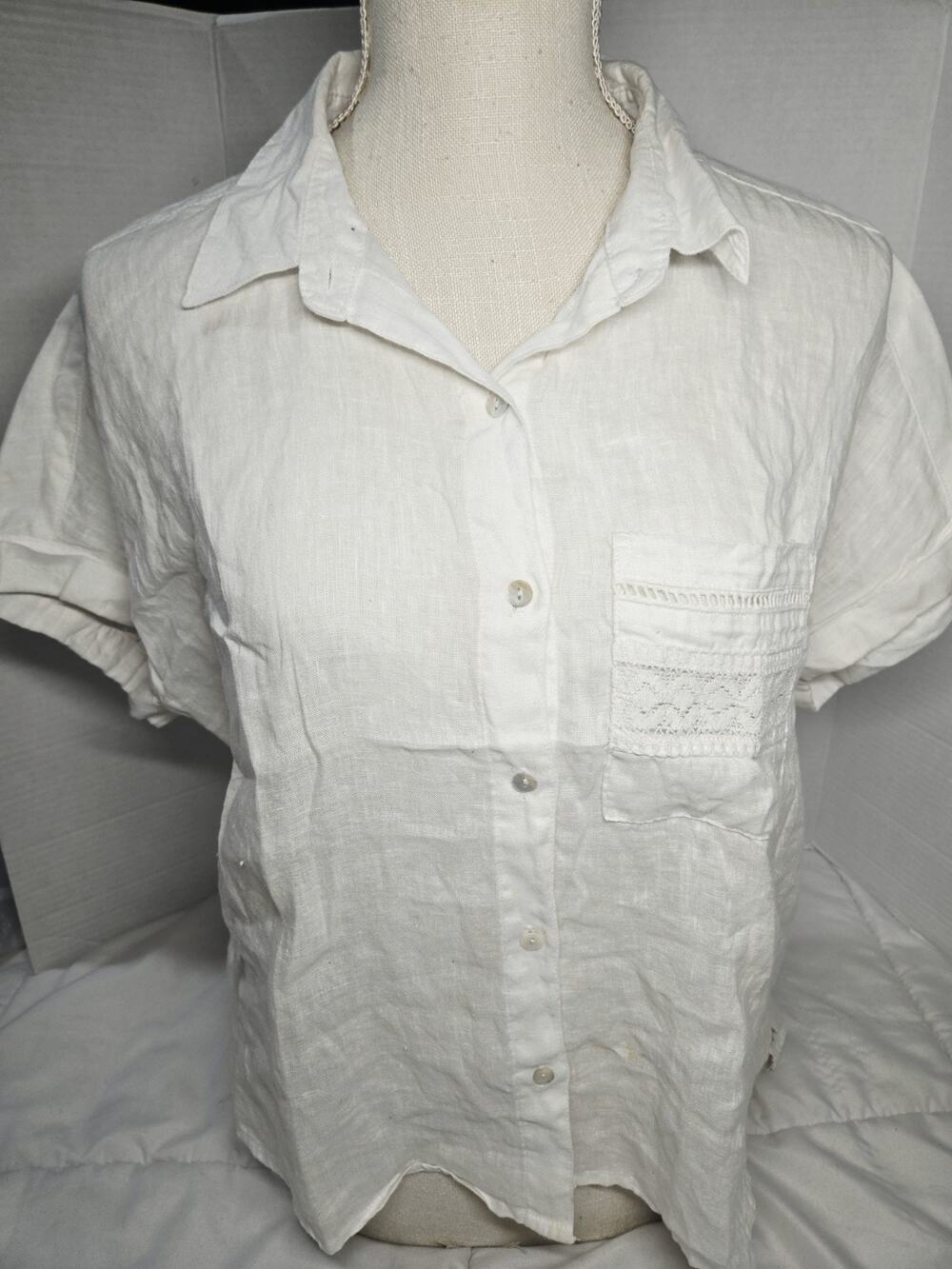Boho Joie Women M White Linen Embroiderd Button-Up Shirt Coastal Relaxed Luxury